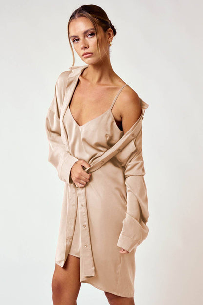 Satin Slip-On Dress and Shirt Set in Cognac [Sizes SM-L]