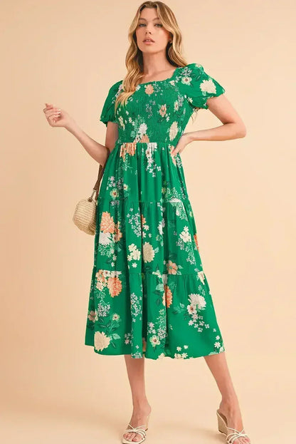 Green Floral Print Bubble Sleeve Smocked Tiered Midi Dress