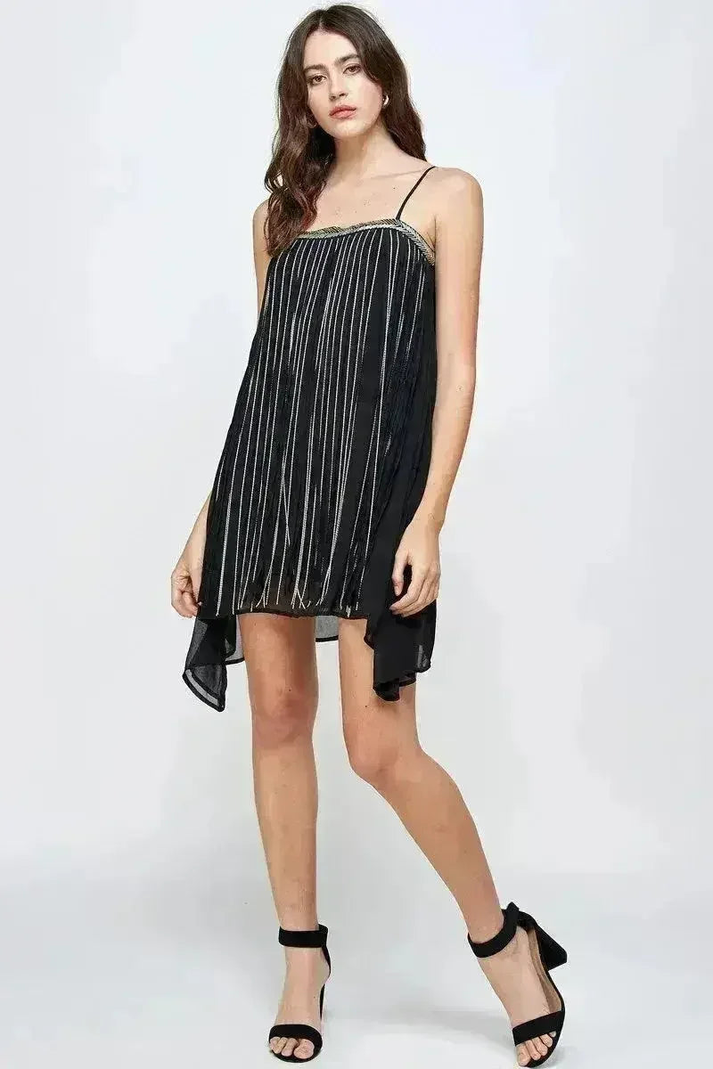 Flowy Sleeveless Mini Dress with Metallic Accents