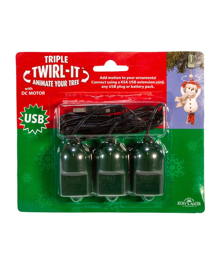 Triple Twirl-It USB Christmas tree decoration kit packaging with green lights and red label.