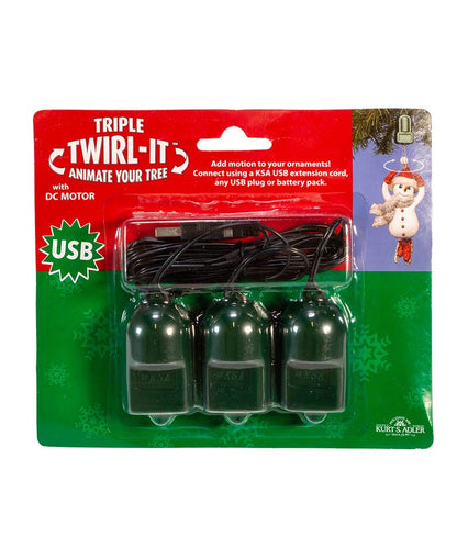 Triple Twirl-It USB Christmas tree decoration kit packaging with green lights and red label.