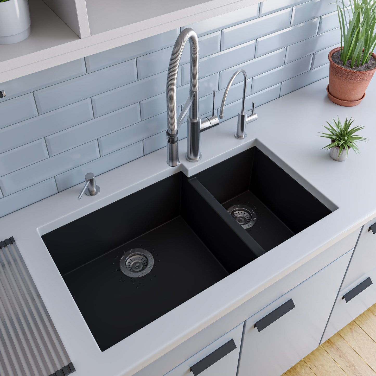 ALFI brand AB3319UM 34" Double Bowl Undermount Granite Composite Kitchen Sink