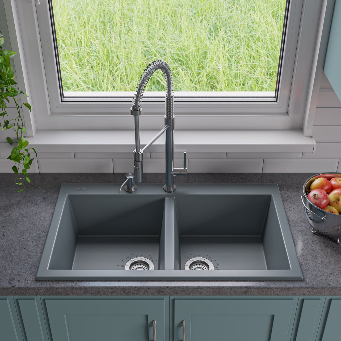 ALFI brand AB3420DI 34" Drop-In Double Bowl Granite Composite Kitchen Sink
