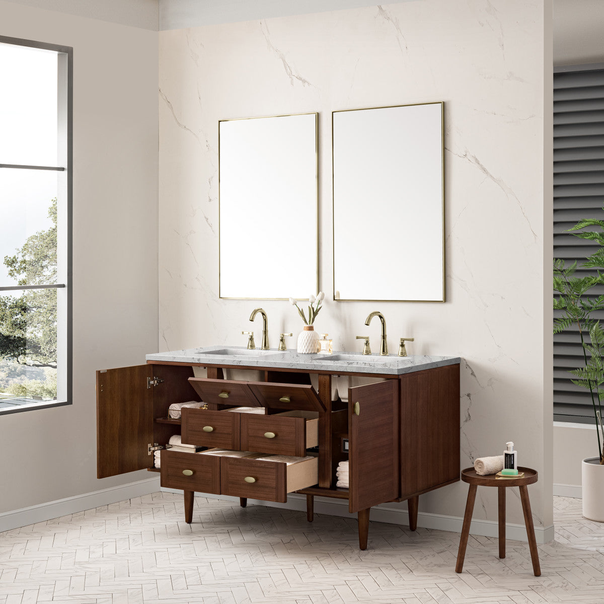 Amberly 60" Double Vanity Cabinet, Mid-Century Walnut