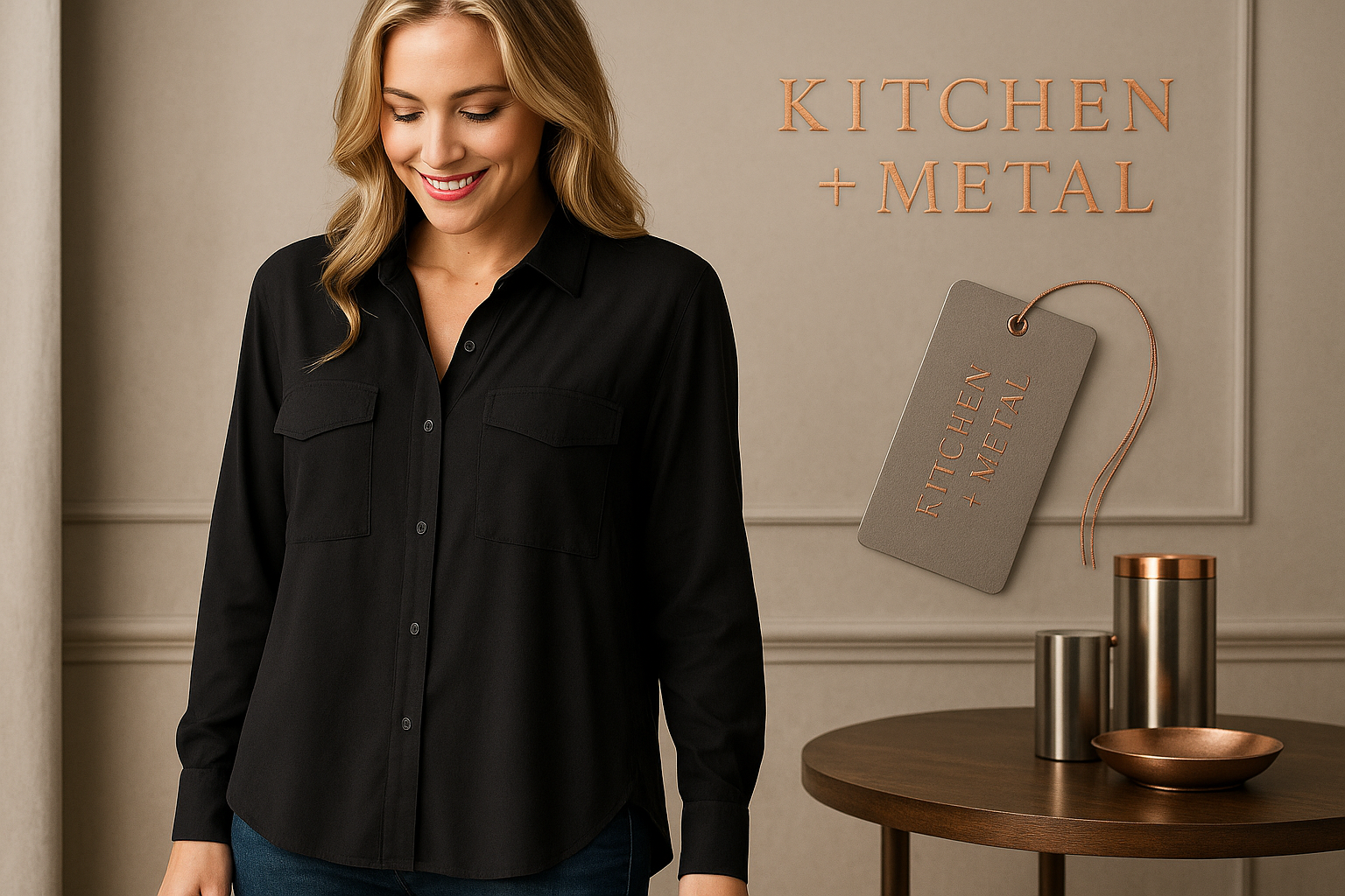 Black button-up shirt with Kitchen + Metal branding