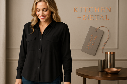 Black button-up shirt with Kitchen + Metal branding