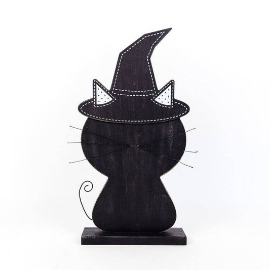 Black Cat With Witch Hat Wooden Cutout 9.5" Halloween Décor