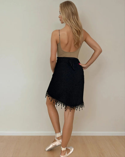 Sweater Knit Ballet Wrap Cover-Up - Black with Fringe