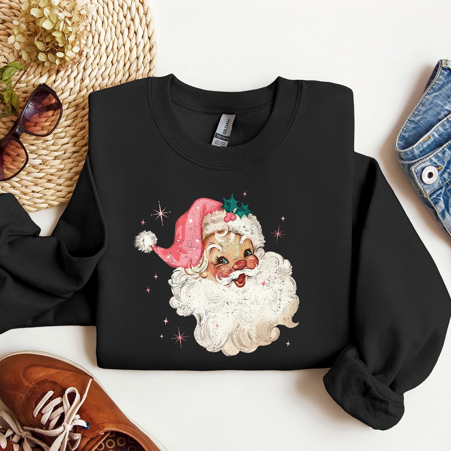 Retro Santa Sweatshirt, Vintage Classic Christmas, Pink Star
