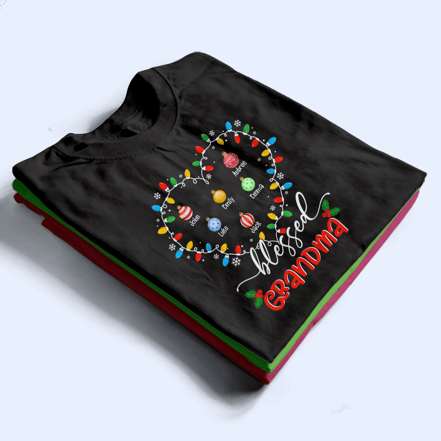 Up to 16 Kids - Blessed Grandma Christmas Lights - Personalized Custom T Shirt - Christmas, Loving, Funny Gift for Grandma/Grandparent