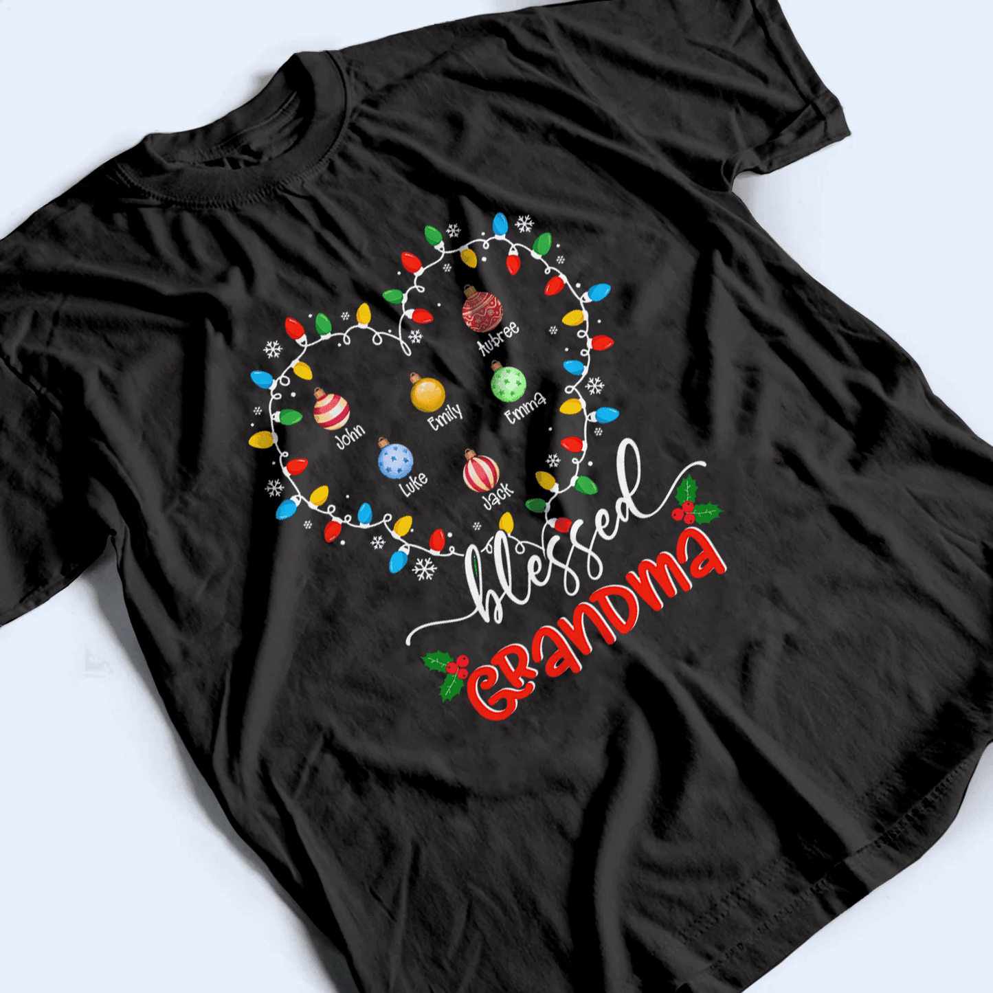 Up to 16 Kids - Blessed Grandma Christmas Lights - Personalized Custom T Shirt - Christmas, Loving, Funny Gift for Grandma/Grandparent