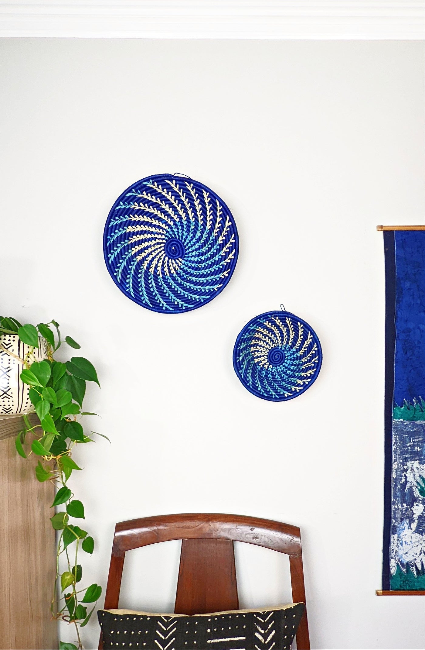 Large Blue White Woven African Basket