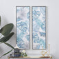 Blue Canvas Leaf Tropical Framed Wall Art with Silver Frame, Set of 2