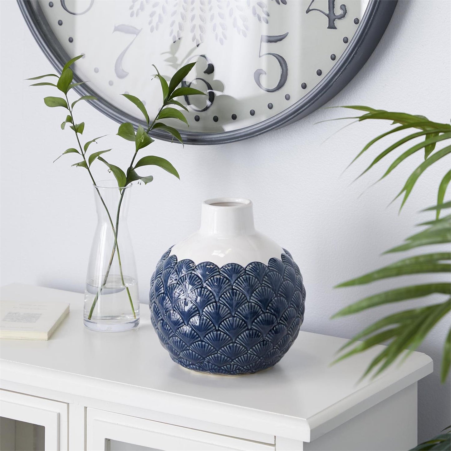 Blue Ceramic Decorative Vase with Shell Designs