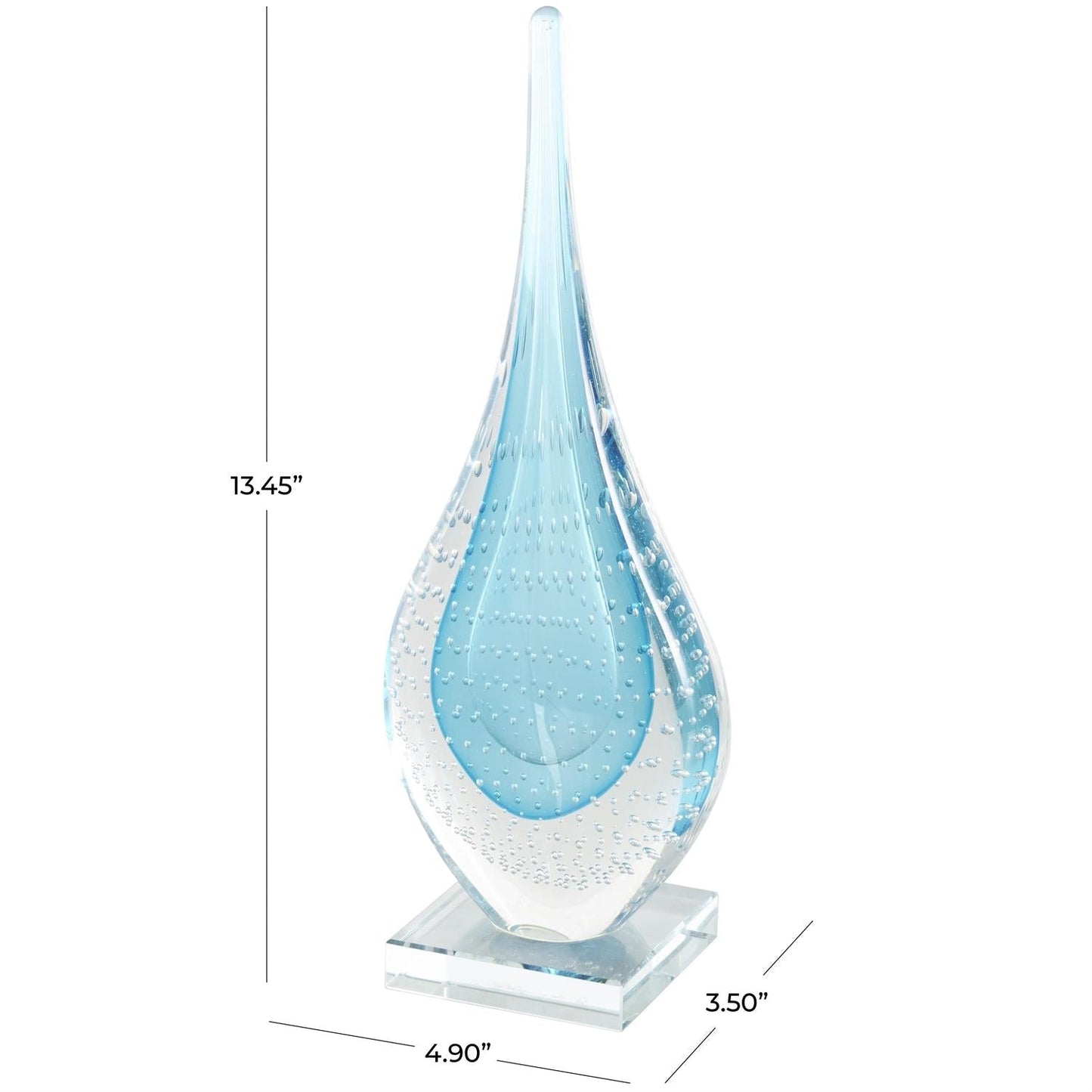Blue Glass Abstract Teardrop Decorative Sculpture with Clear Bubble Droplets