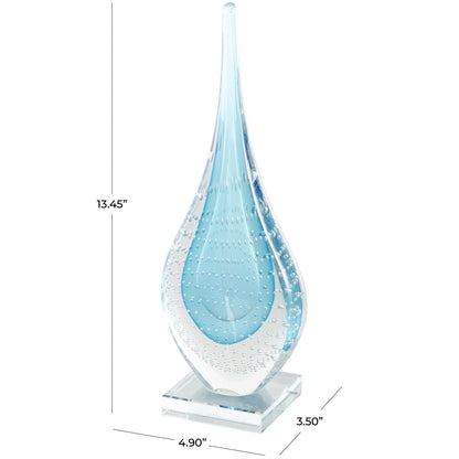 Blue Glass Abstract Teardrop Decorative Sculpture with Clear Bubble Droplets