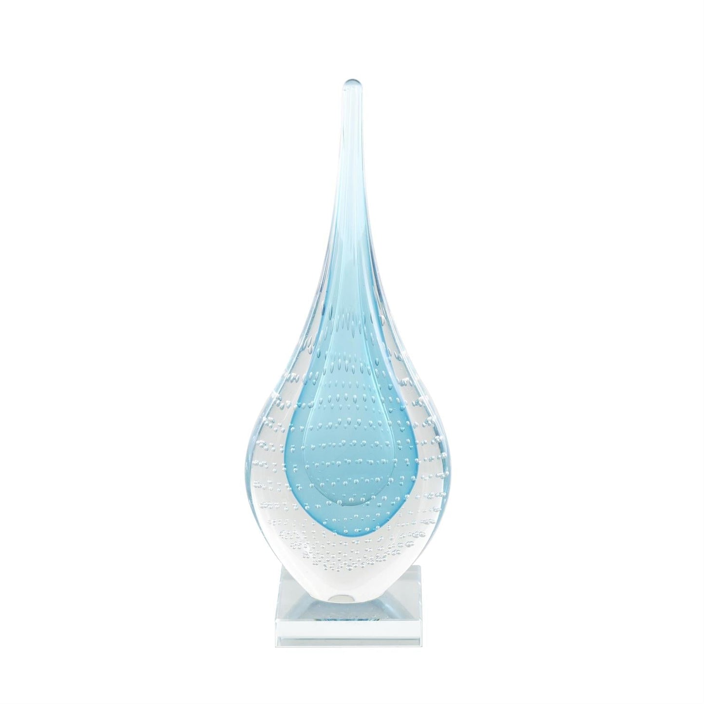 Blue Glass Abstract Teardrop Decorative Sculpture with Clear Bubble Droplets