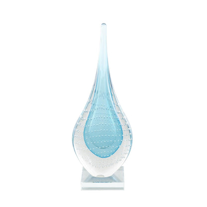 Blue Glass Abstract Teardrop Decorative Sculpture with Clear Bubble Droplets