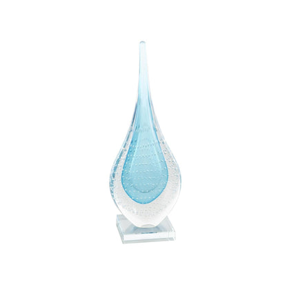 Blue Glass Abstract Teardrop Decorative Sculpture with Clear Bubble Droplets