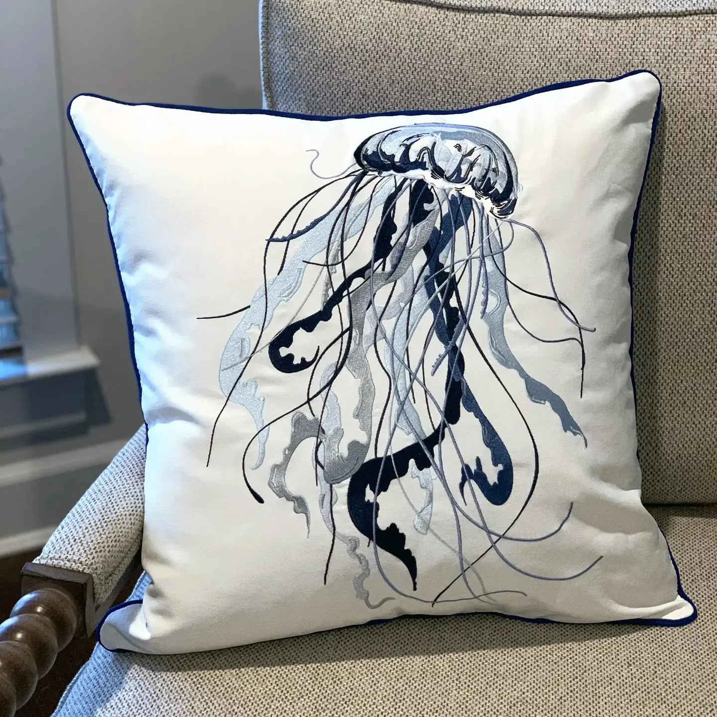 Blue Jellyfish Embroidered Indoor/Outdoor Pillow