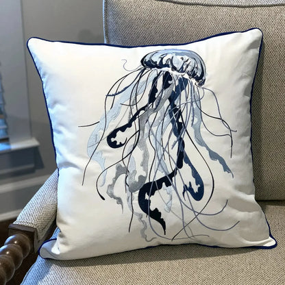Blue Jellyfish Embroidered Indoor/Outdoor Pillow