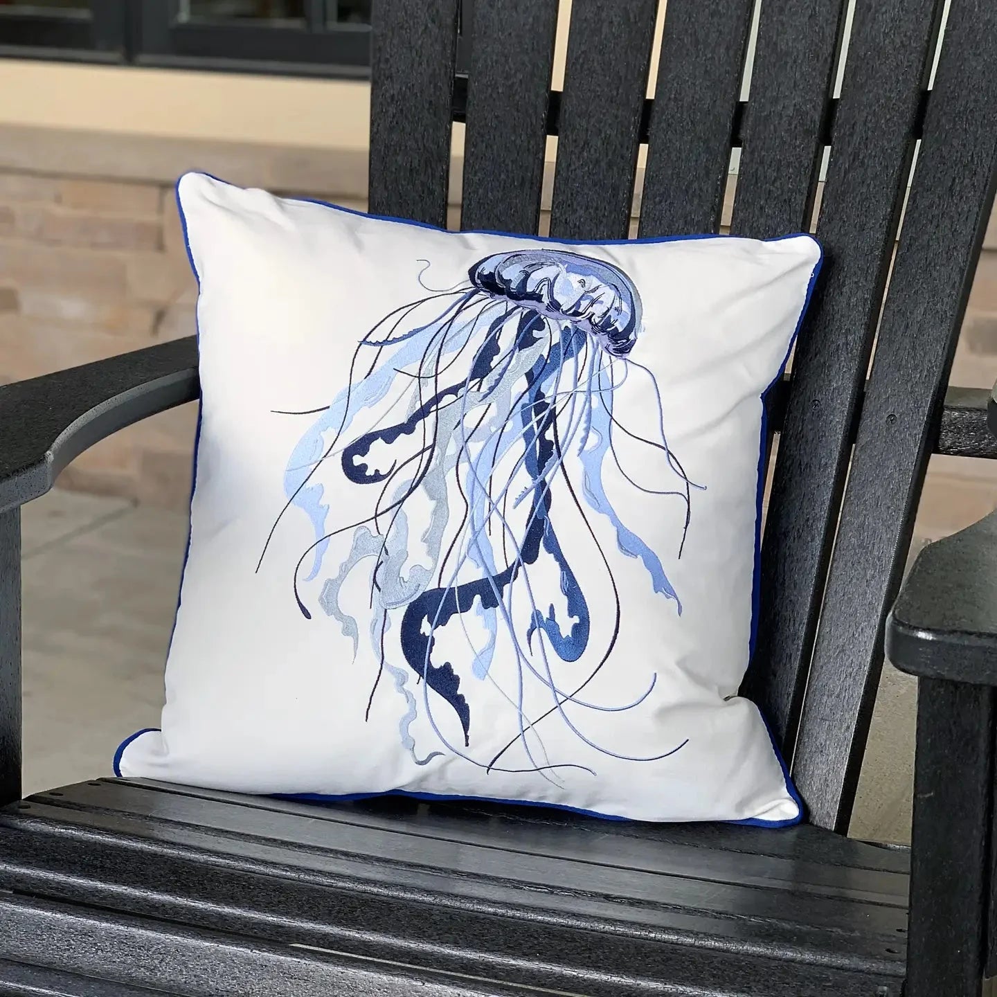 Blue Jellyfish Embroidered Indoor/Outdoor Pillow