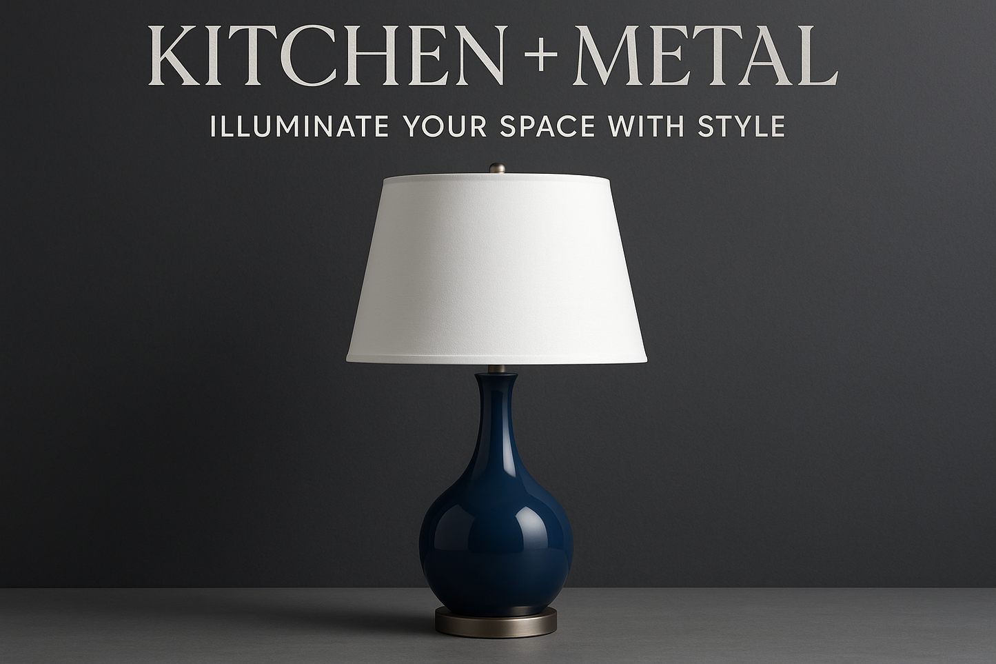 Blue lamp with Kitchen + Metal branding and messaging