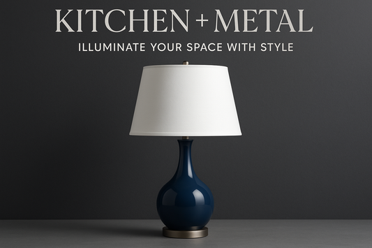 Blue lamp with Kitchen + Metal branding and messaging