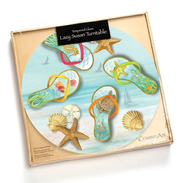 Blue Sea Flip Flops Glass Lazy Susan Turntable 13" Round