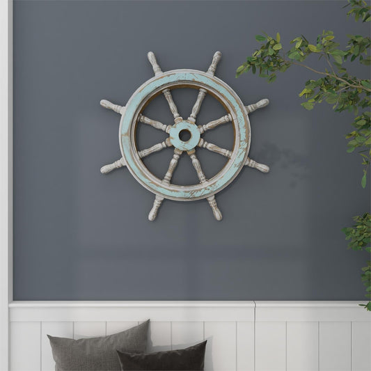 Blue Wood Distressed Ship Wheel Wall Decor