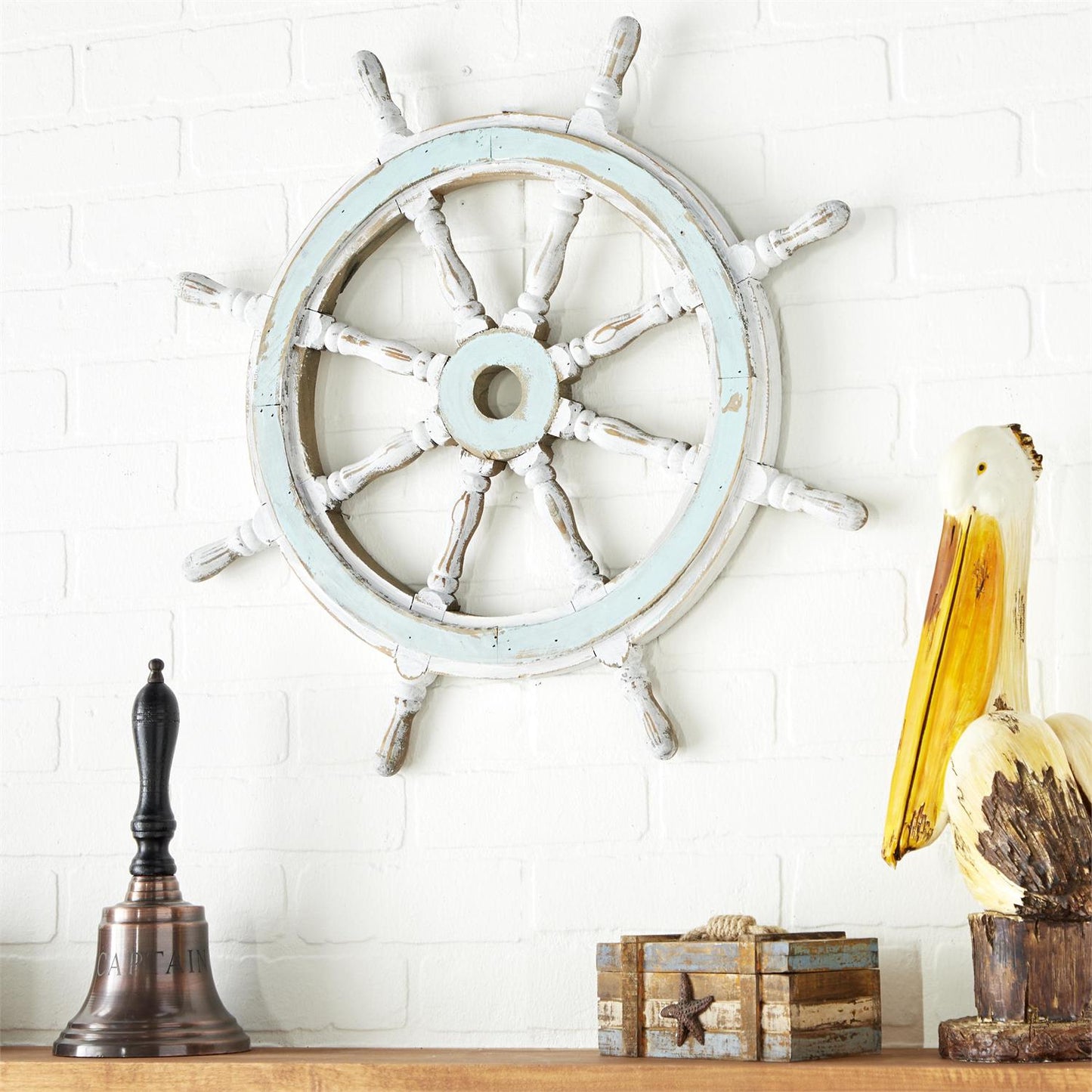 Blue Wood Distressed Ship Wheel Wall Decor