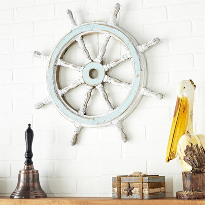 Blue Wood Distressed Ship Wheel Wall Decor