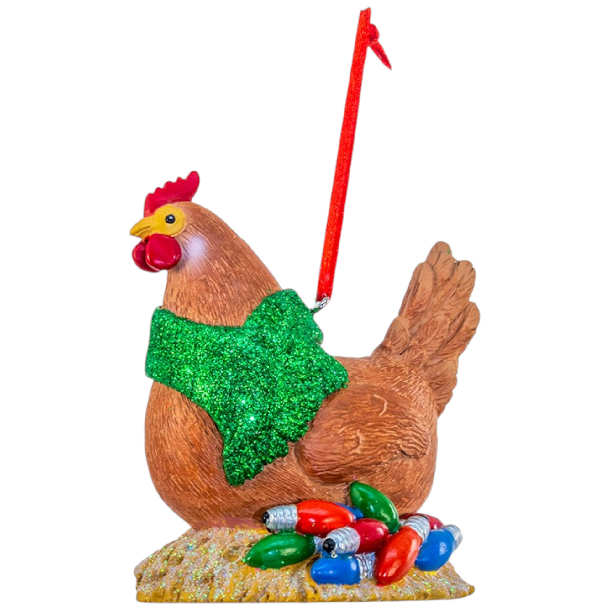 Decorative chicken ornament with a green bow and colorful lights on a white background
