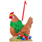 Decorative chicken ornament with a green bow and colorful lights on a white background