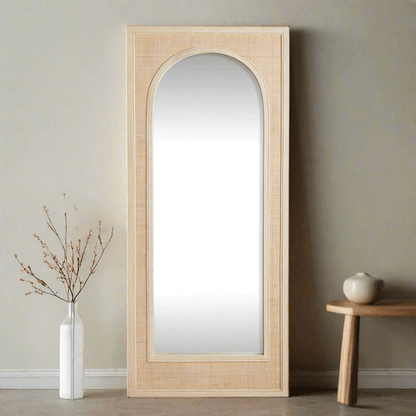 Boho Rattan Wall Mirror in Tall Arched Design