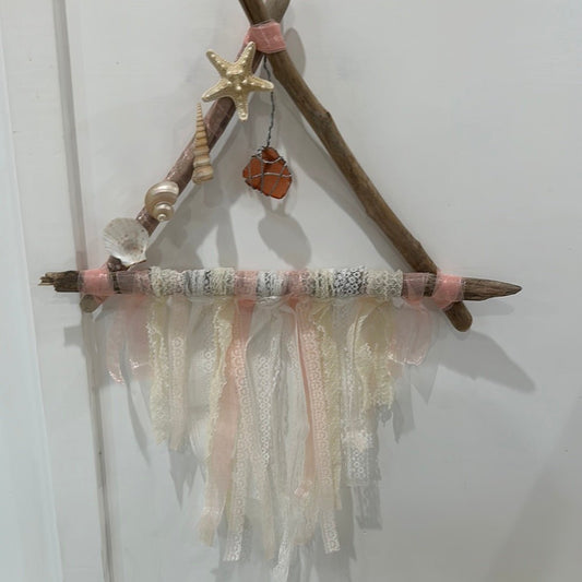 Boho Vintage Lace Driftwood Wall Decor With Shell Accents