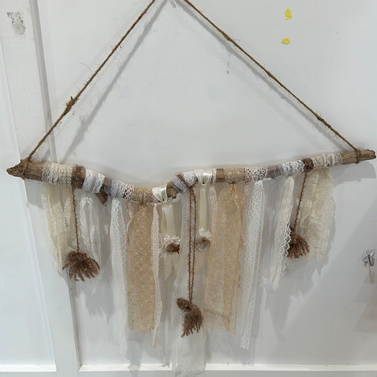 Boho Vintage Lace Driftwood Wall Decor With Shell Accents