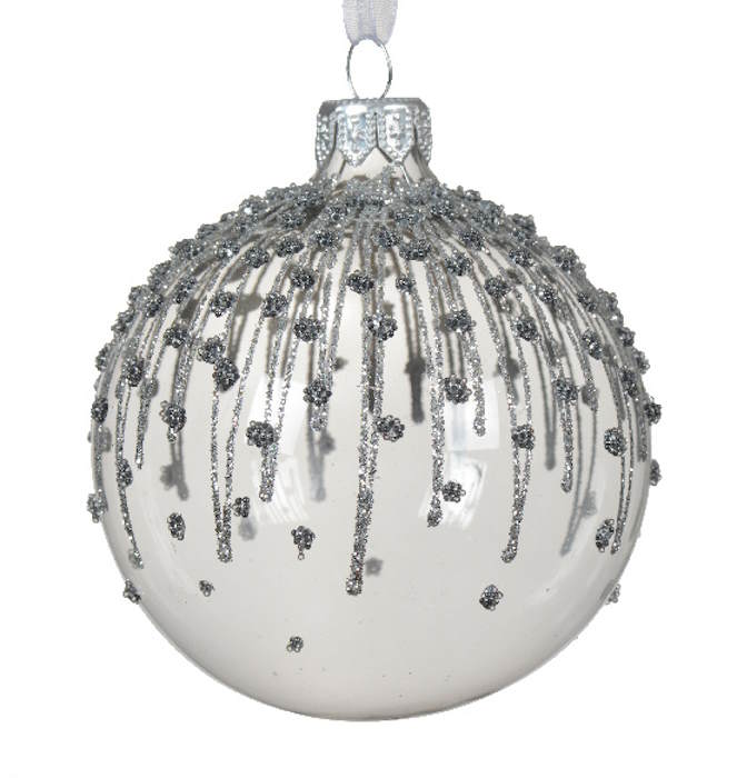 Enamel Ice Glass Ornament Set - 80mm - Silver and White