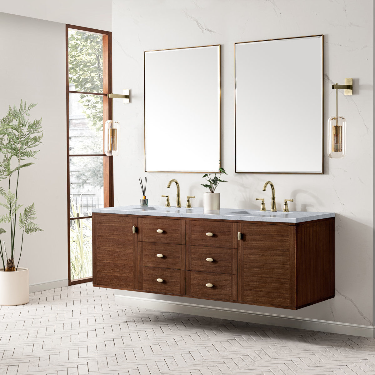 Amberly 72" Double Vanity Cabinet, Mid-Century Walnut