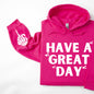 Have A Great Day Hoodie, Skeleton Middle Finger Sleeve Graphic, Sassy, Funny Hooded Sweatshirt