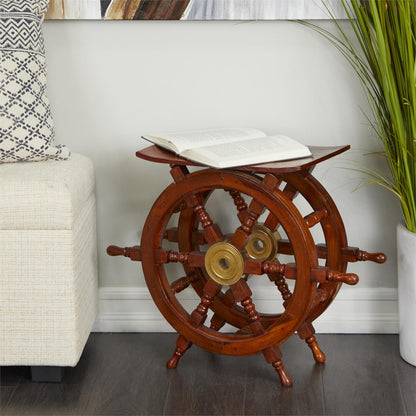 Brown Wood Side End Accent Table with Ship Wheel Sides