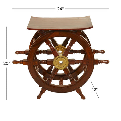 Brown Wood Side End Accent Table with Ship Wheel Sides