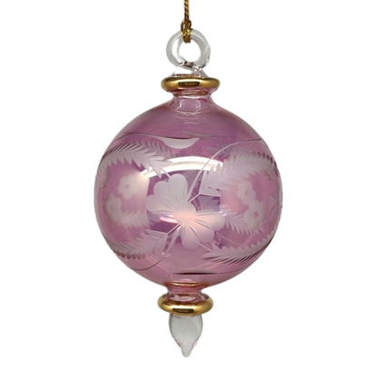 Etched Blown Glass Ball Ornament - Pink