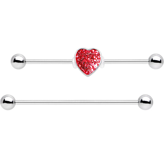 14G Red Glitter Heart Industrial Barbell 38mm Set of 2