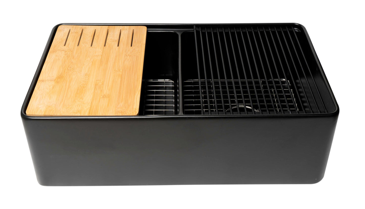 ALFI brand ABFS3320D Workstation 33" x 20" Double Bowl Step Rim Fireclay Farm Sink with Accessories