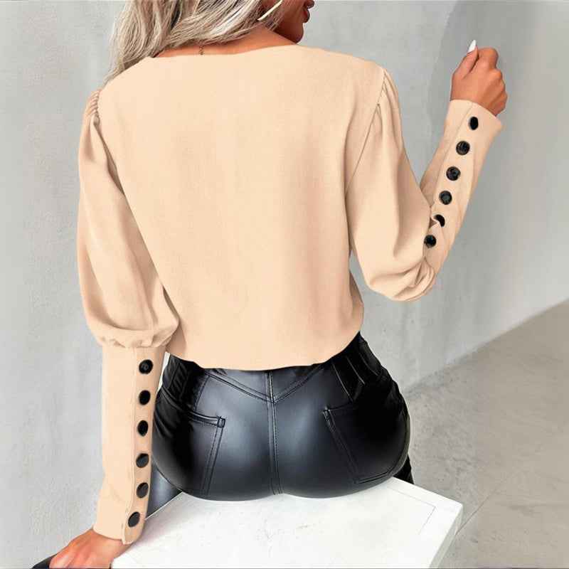 Women's V-Neck Contrast Trim Long Sleeve Blouse With Button Cuff Detail - Casual Comfort Top