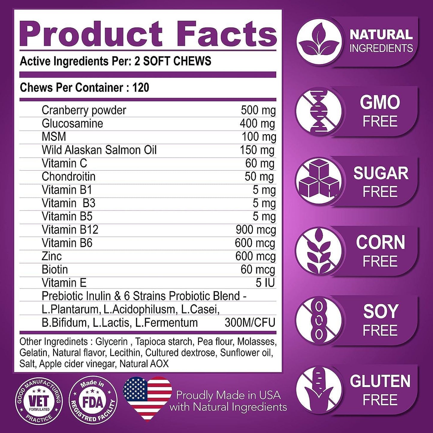 Product facts and ingredient list for a health supplement with purple background.