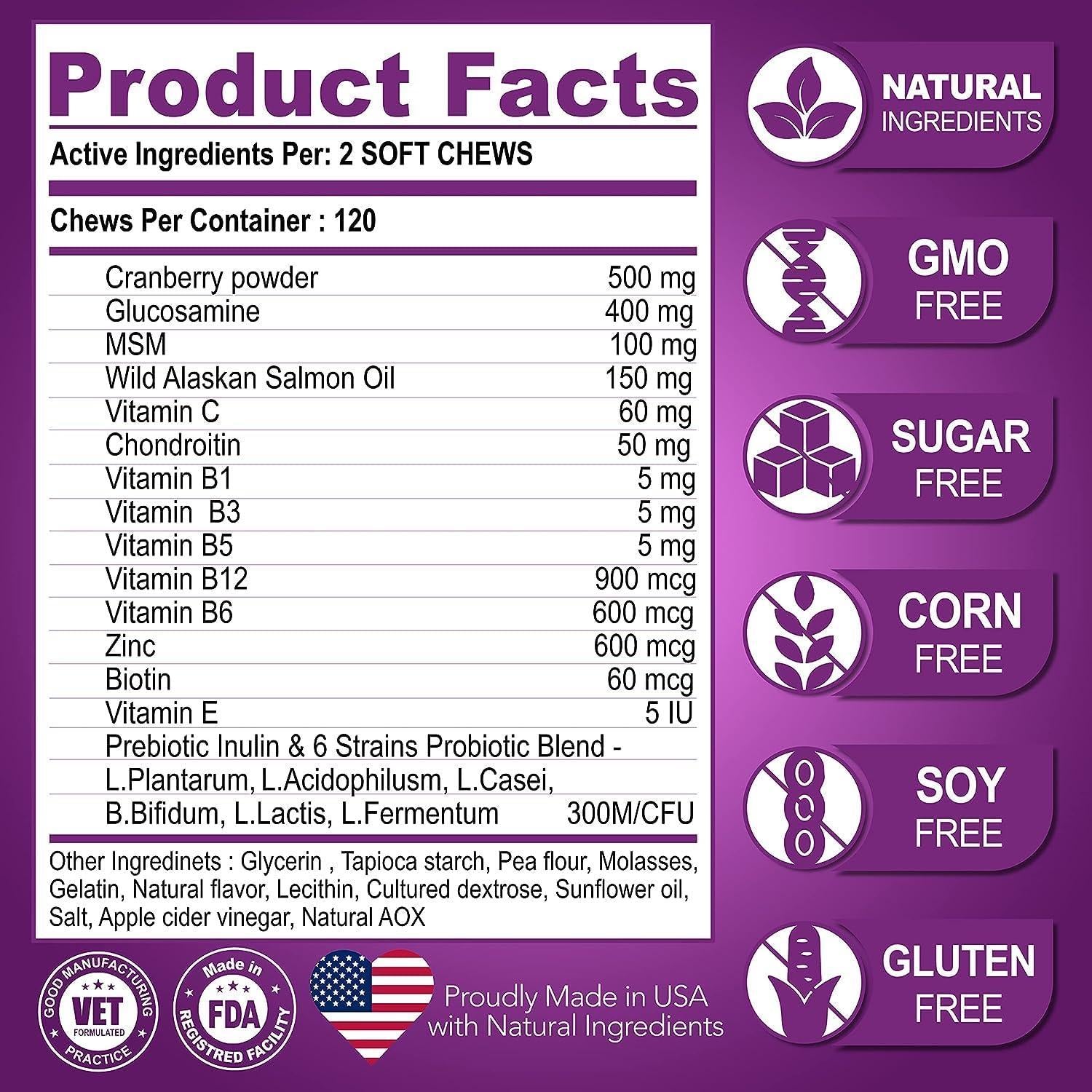 Product facts and ingredient list for a health supplement with purple background.