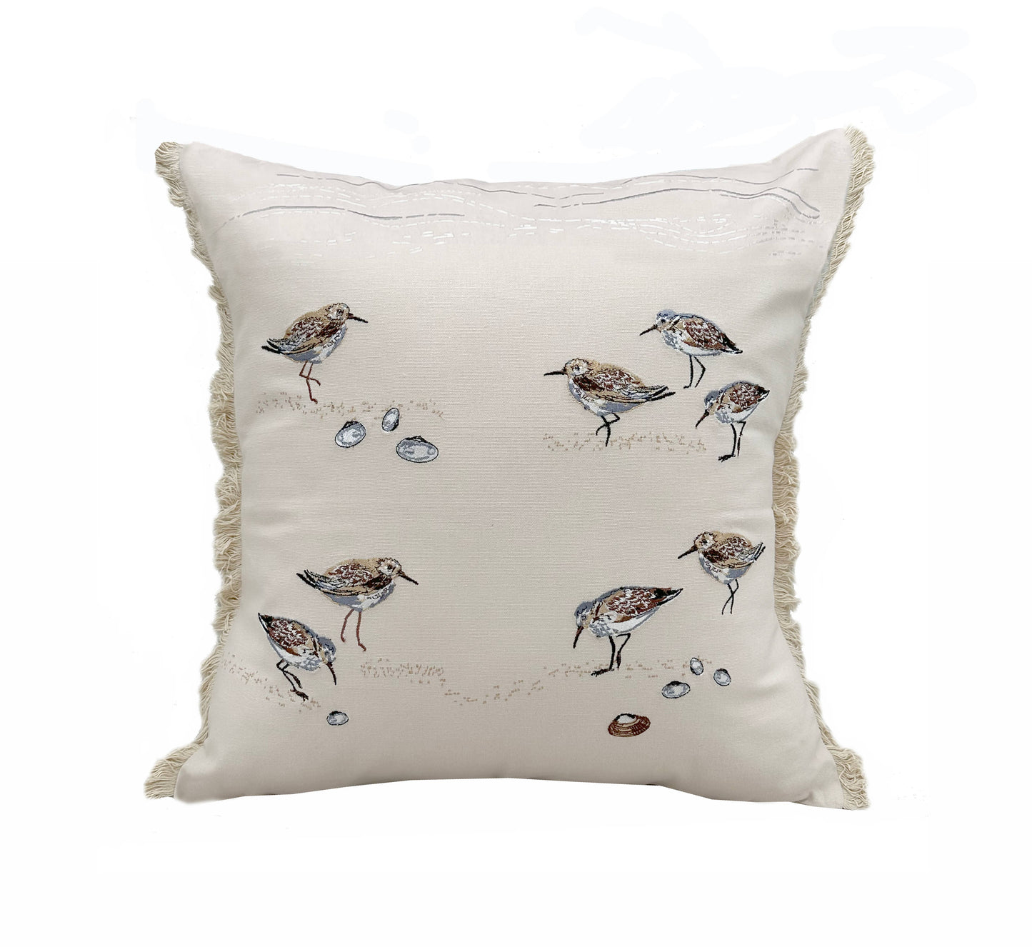 Sandpiper and Shells Fringed Cotton Pillow