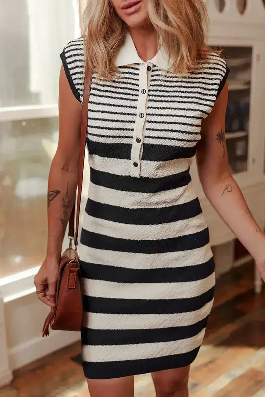 Black Mixed Striped Print Half Placket Collared Cap Sleeve Bodycon Sweater Dress